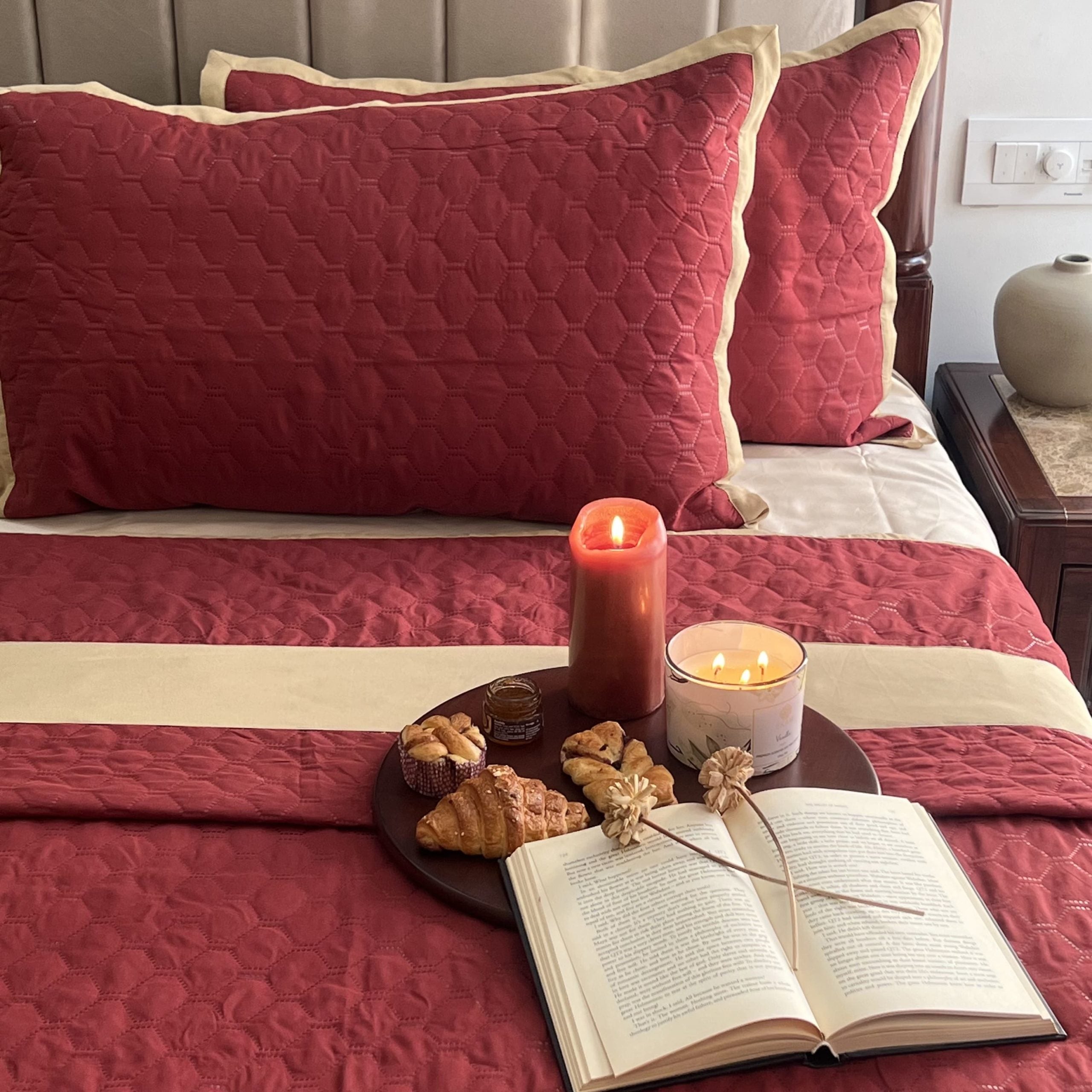 Sadyaska Quilted Maroon Beige 1 Pcs Bedspread