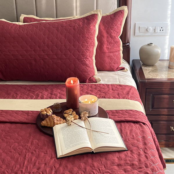 Sadyaska Quilted Maroon Beige 1 Pcs Bedspread