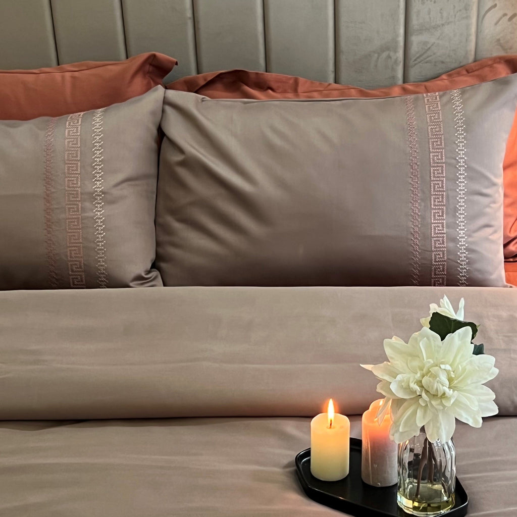 Sadyaska Lucas Taupe Embroidered Cotton Rich s (Set of 02) 1 Pcs Pillow Cover