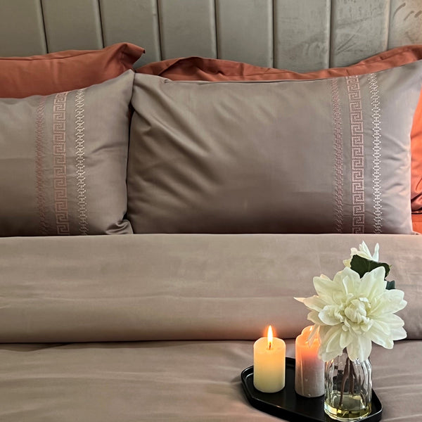 Sadyaska Lucas Taupe Embroidered Cotton Rich s (Set of 02) 1 Pcs Pillow Cover