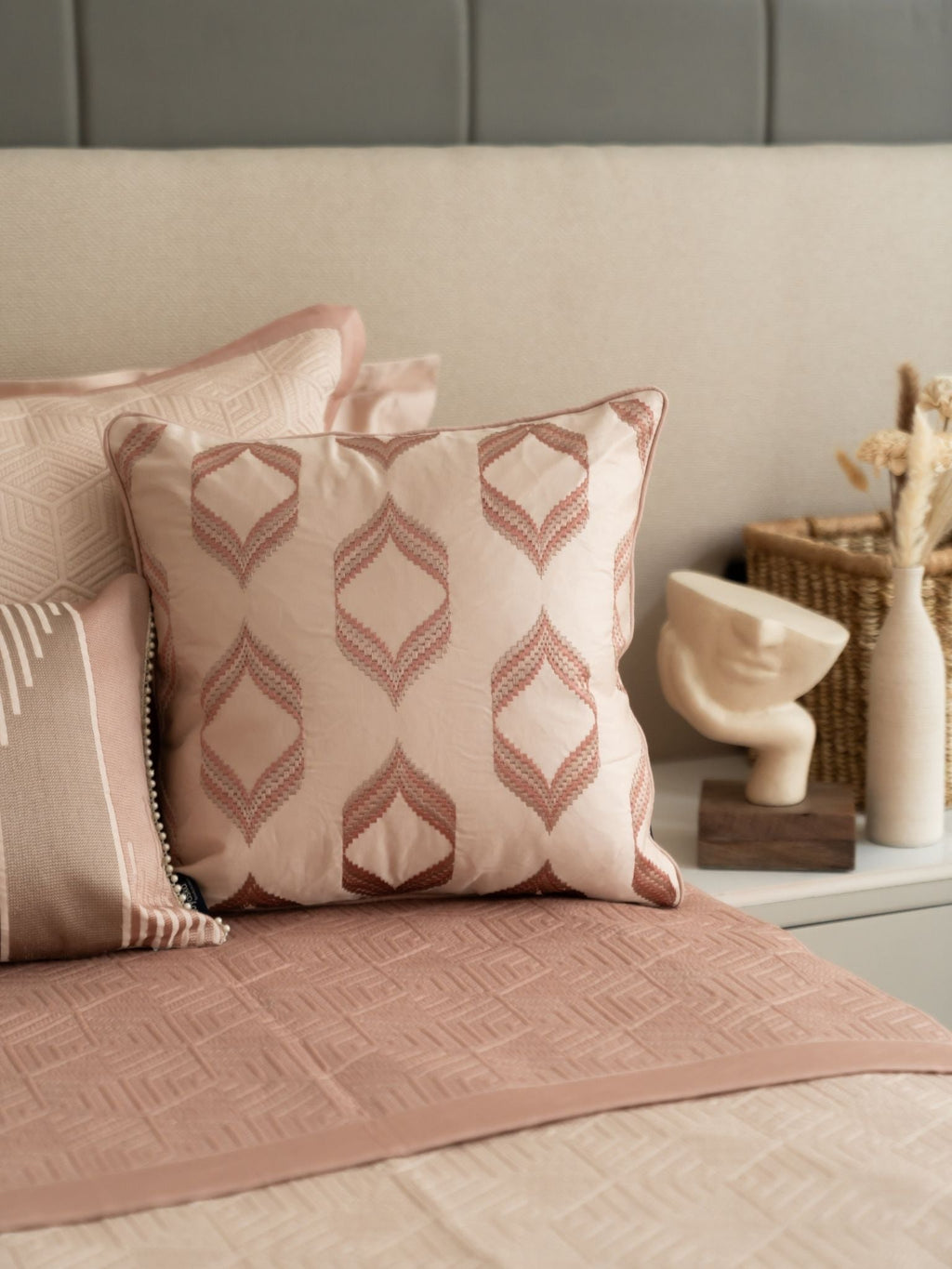 Sadyaska Reve Rose Cotton Embroidered Buff 16" X 16" 1 Pcs Cushion Cover