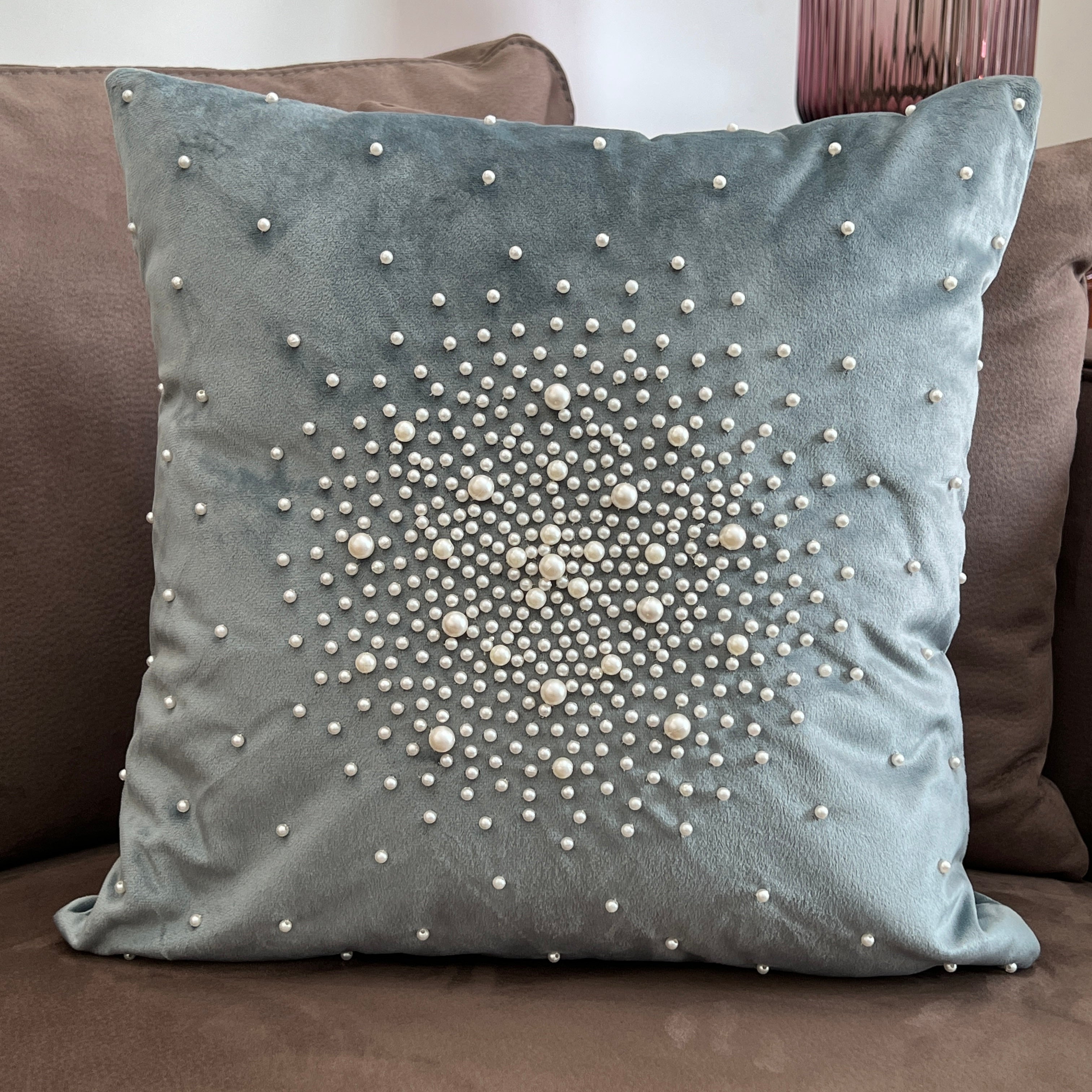 Sadyaska Decorative Pearl Powder Blue Velvet 16x16 1 Pcs Cushion Cover