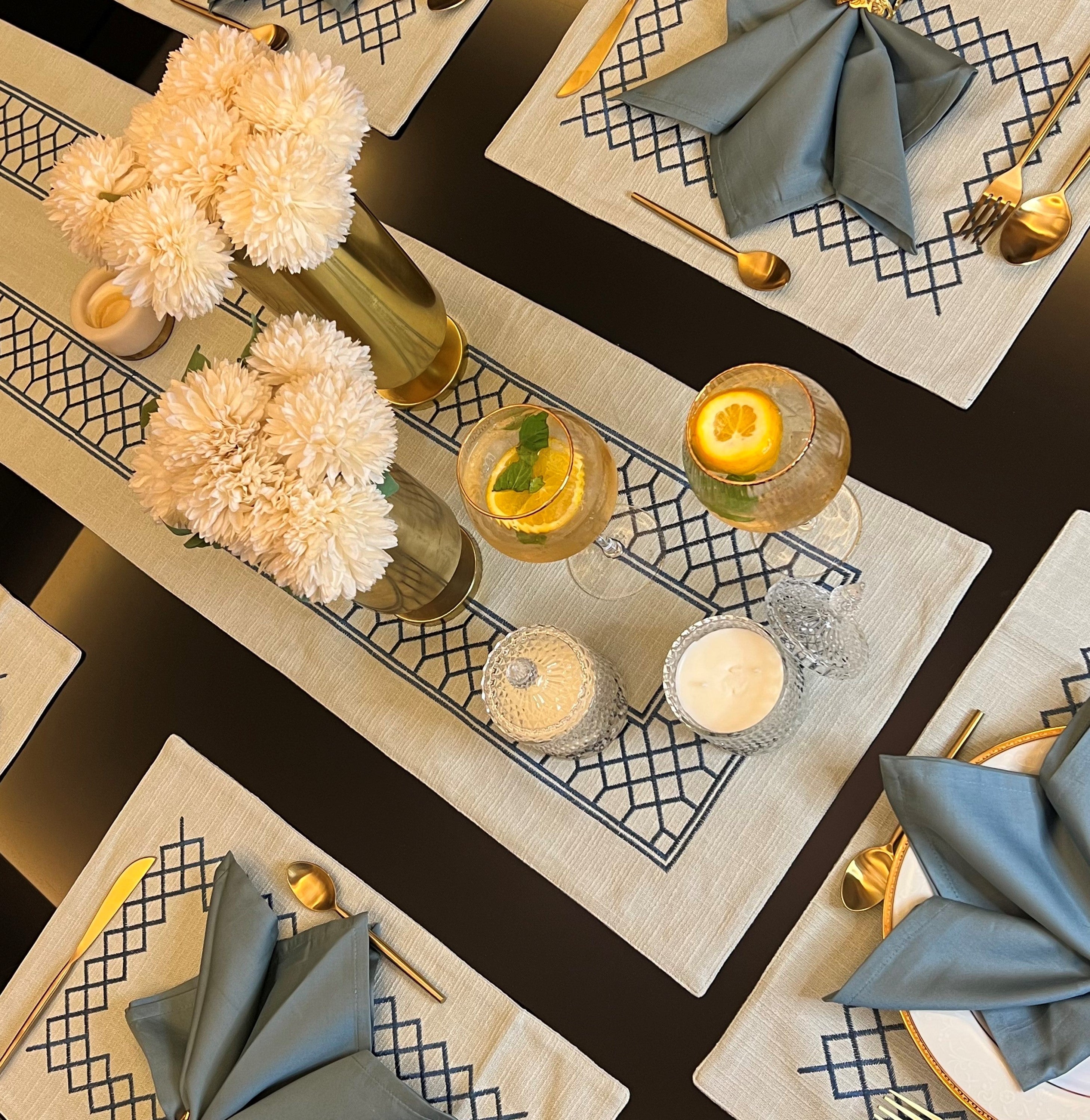 Sadyaska Zigzag Sage Green - Set of 2 Placemats & 2 Napkins 1 Pcs Table Linen