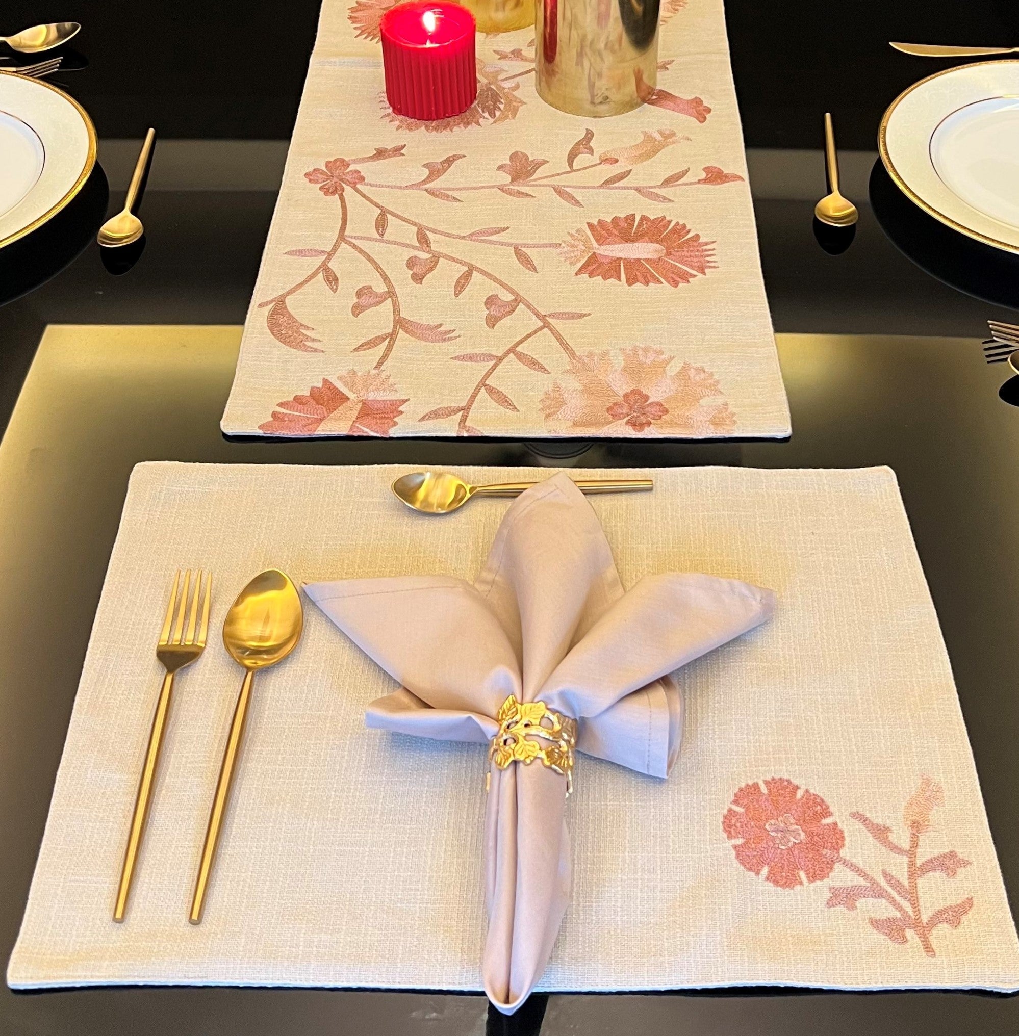 Sadyaska Floral Beige - Set of 2 Placemats & 2 Napkins 1 Pcs Table Linen