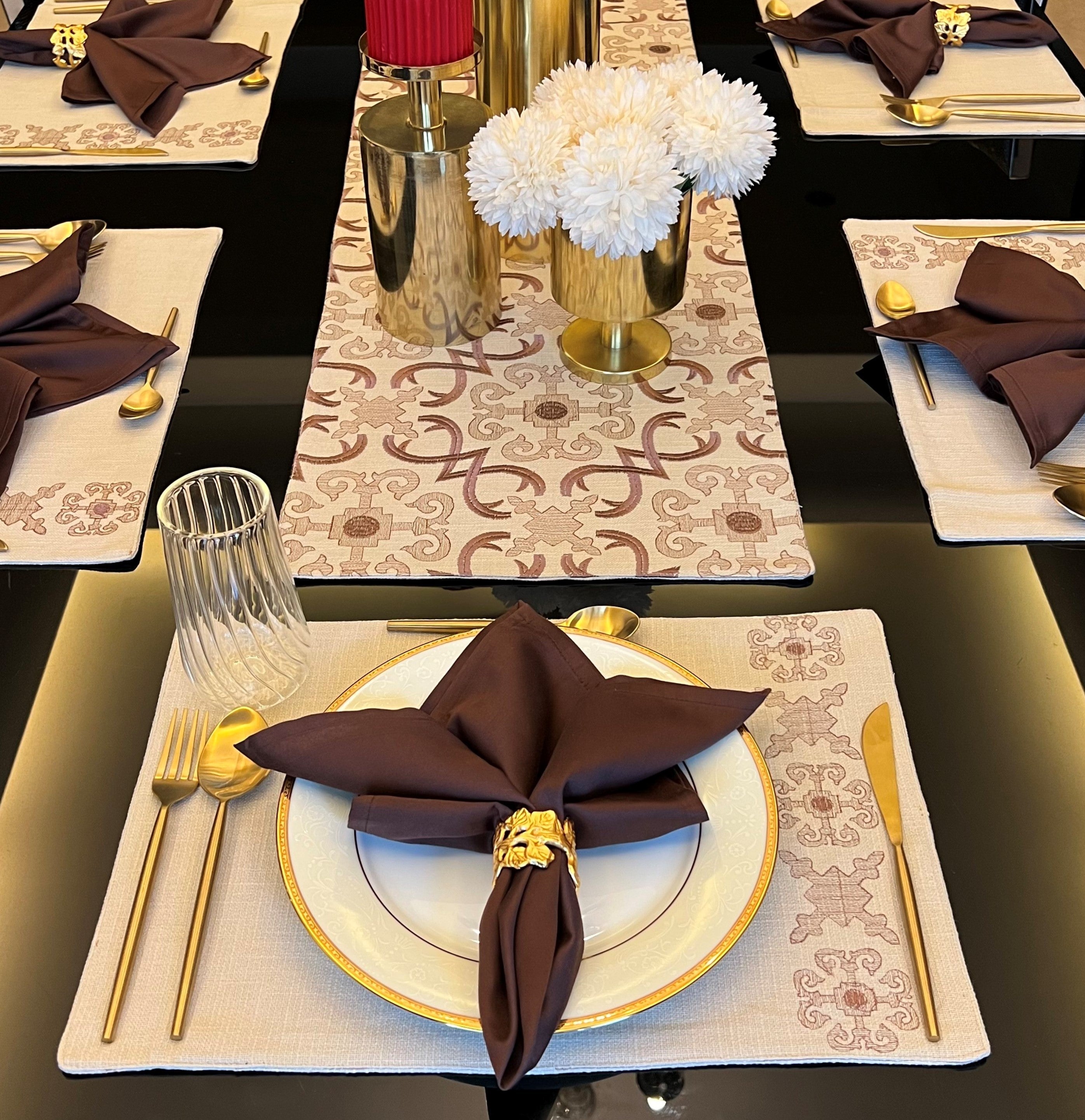 Sadyaska Geo Beige - Set of 2 Placemats & 2 Napkins 1 Pcs Table Linen