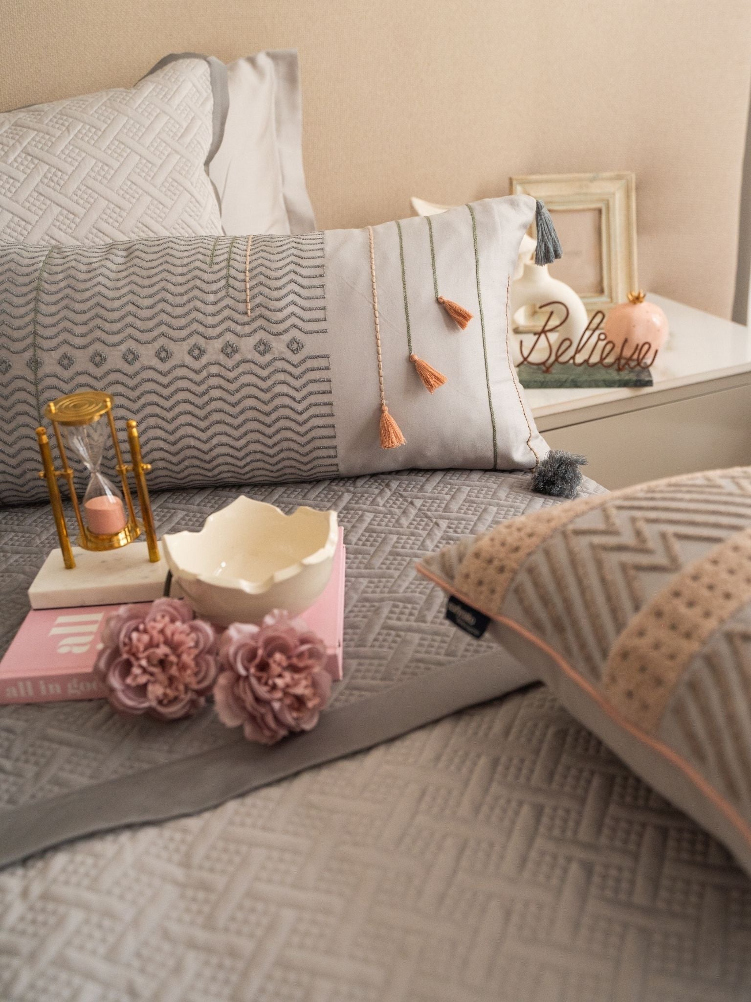 Sadyaska Poppy Pearl Grey and Slate 300TC Cotton 10 Pcs Bedding Set