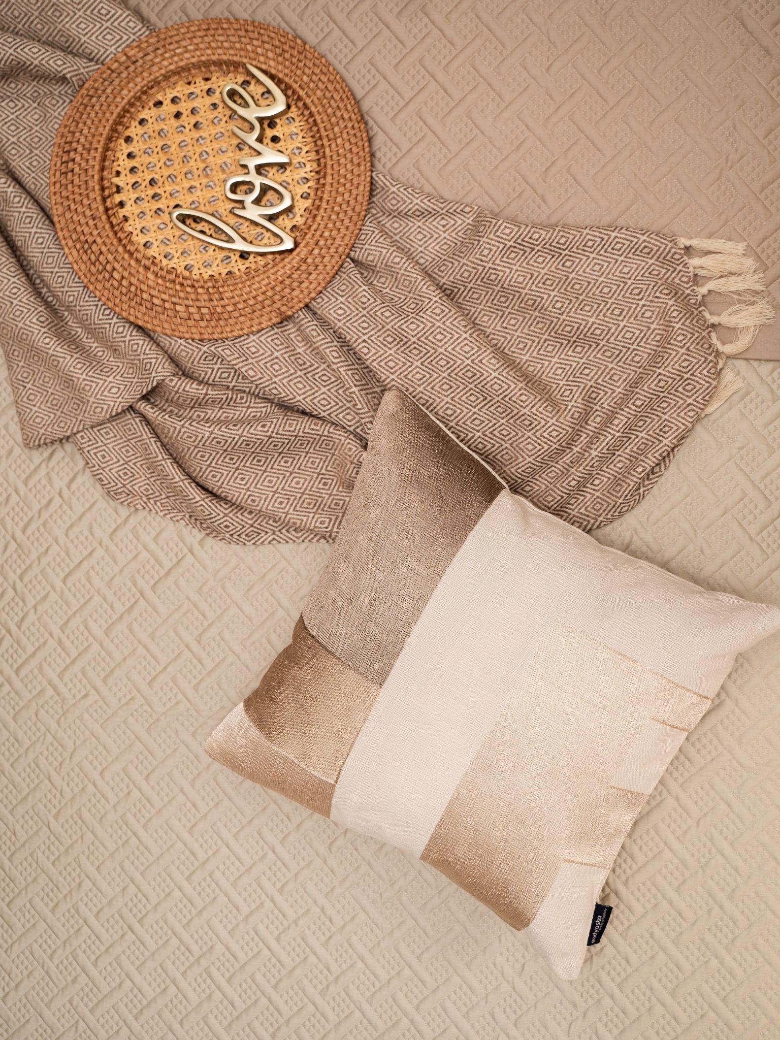 Sadyaska Geochic Cotton Embroidered Beige 16" X 16" 1 Pcs Cushion Cover