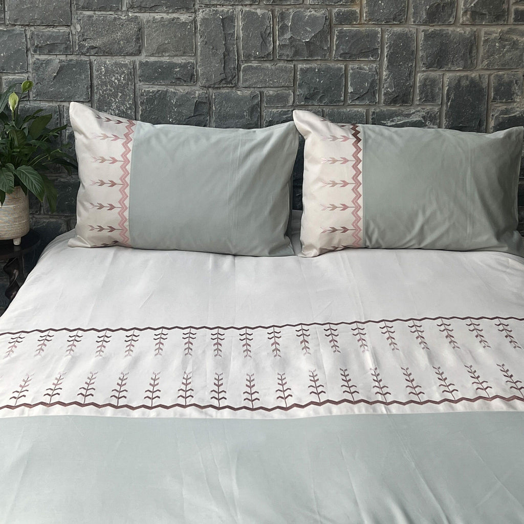 Sadyaska Aero Oats Beige and Sage Green Embroidered Set 1 Pcs Bedsheet