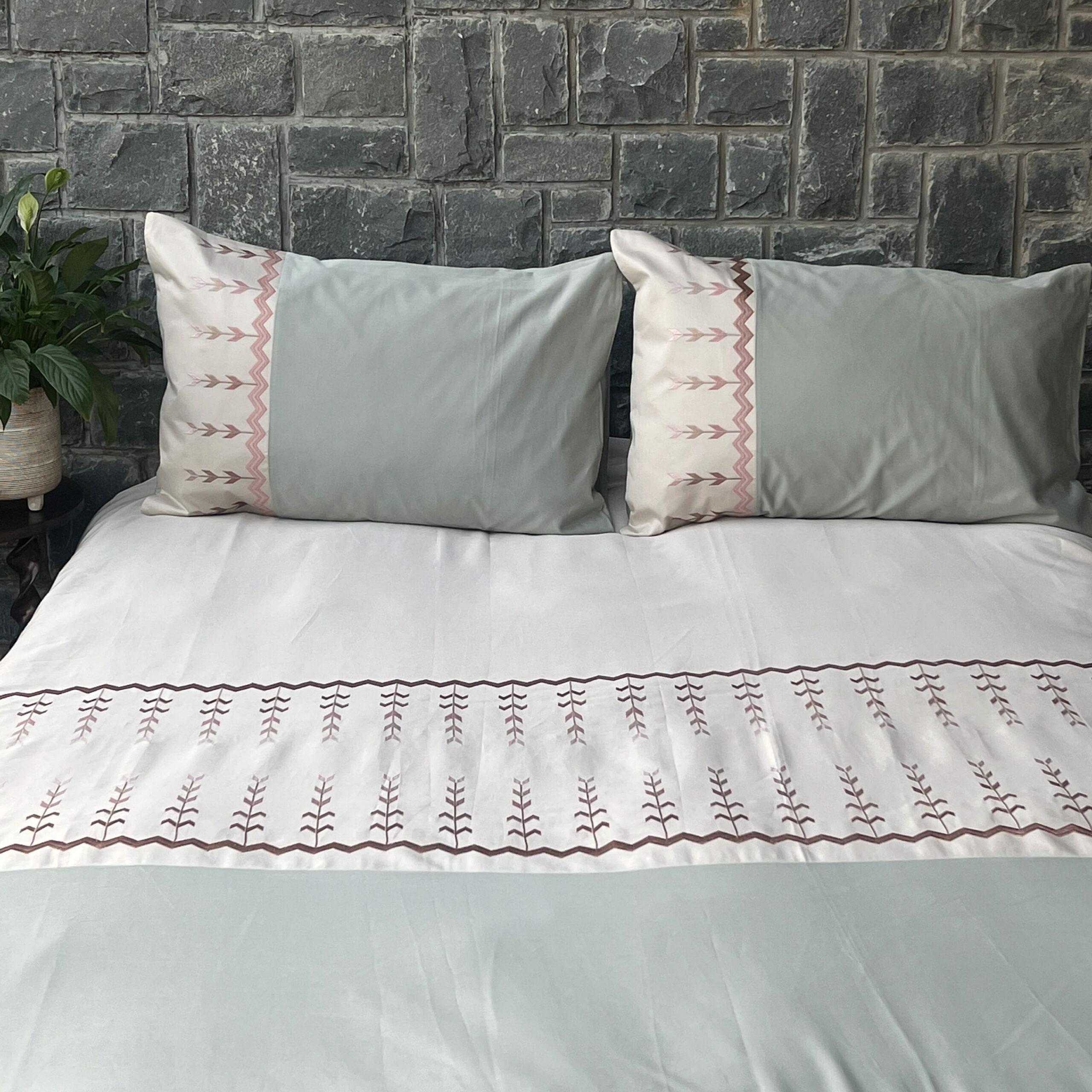 Sadyaska Aero Oats Beige and Sage Green Embroidered Set 1 Pcs Bedsheet