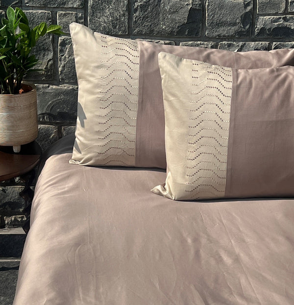 Sadyaska Elvis Mocha and Beige Cotton Embroidered s (Set of 02) 1 Pcs Pillow Cover