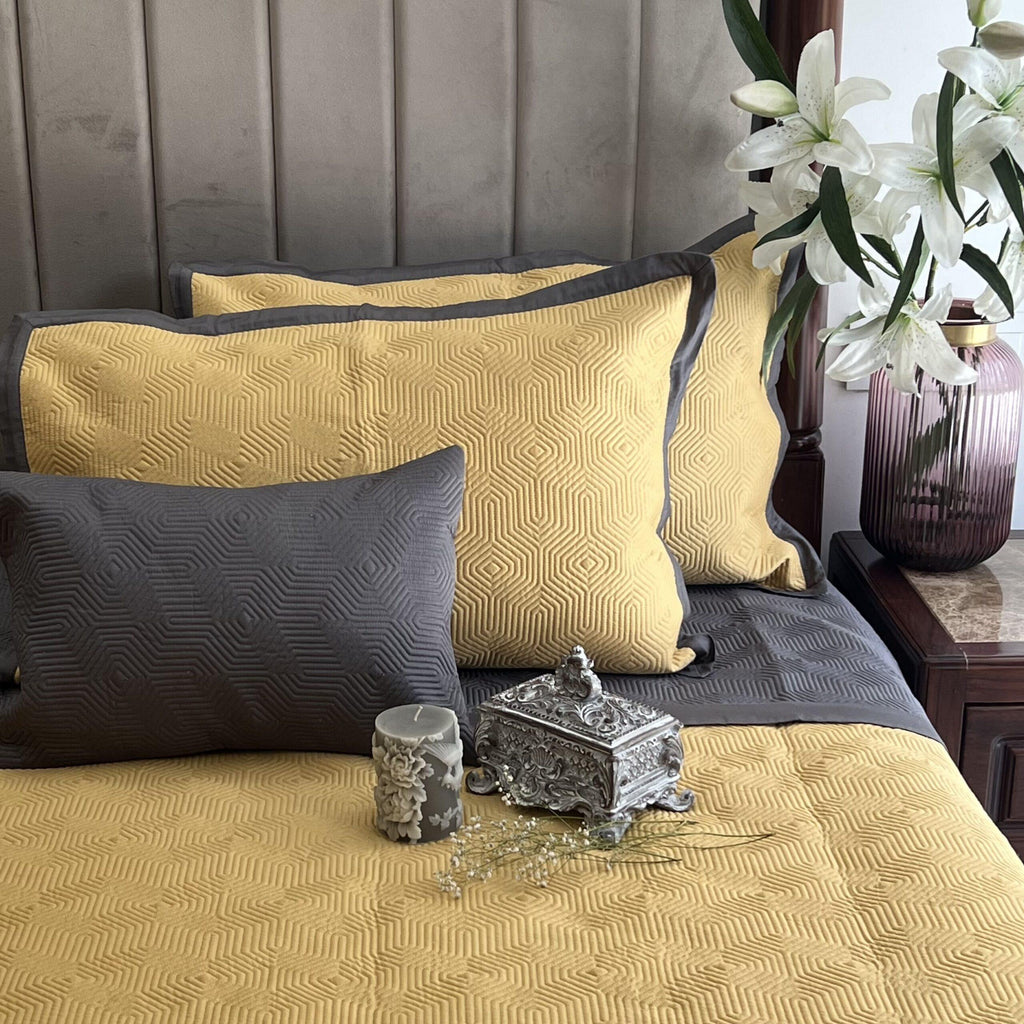 Sadyaska Buttercup Yellow and Dark Grey Diaco Cotton Reversible 1 Pcs Bedspread