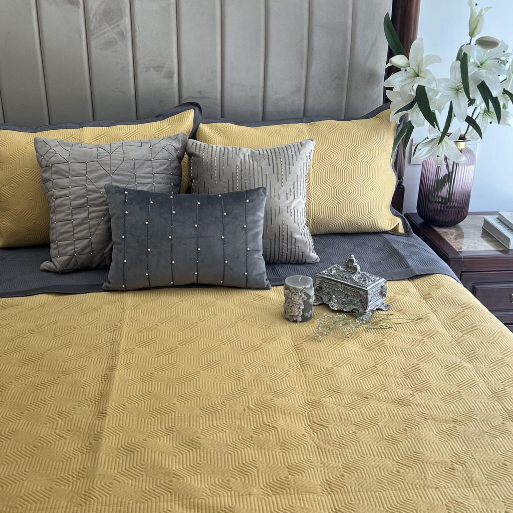 Sadyaska Buttercup Yellow and Dark Grey Diaco Cotton Reversible 1 Pcs Bedspread