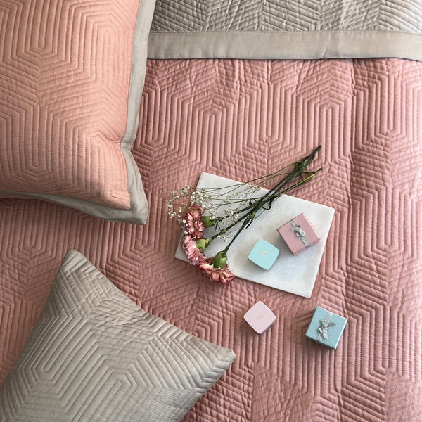 Sadyaska Coral and Beige Mosaic Cotton Reversible 1 Pcs Bedspread