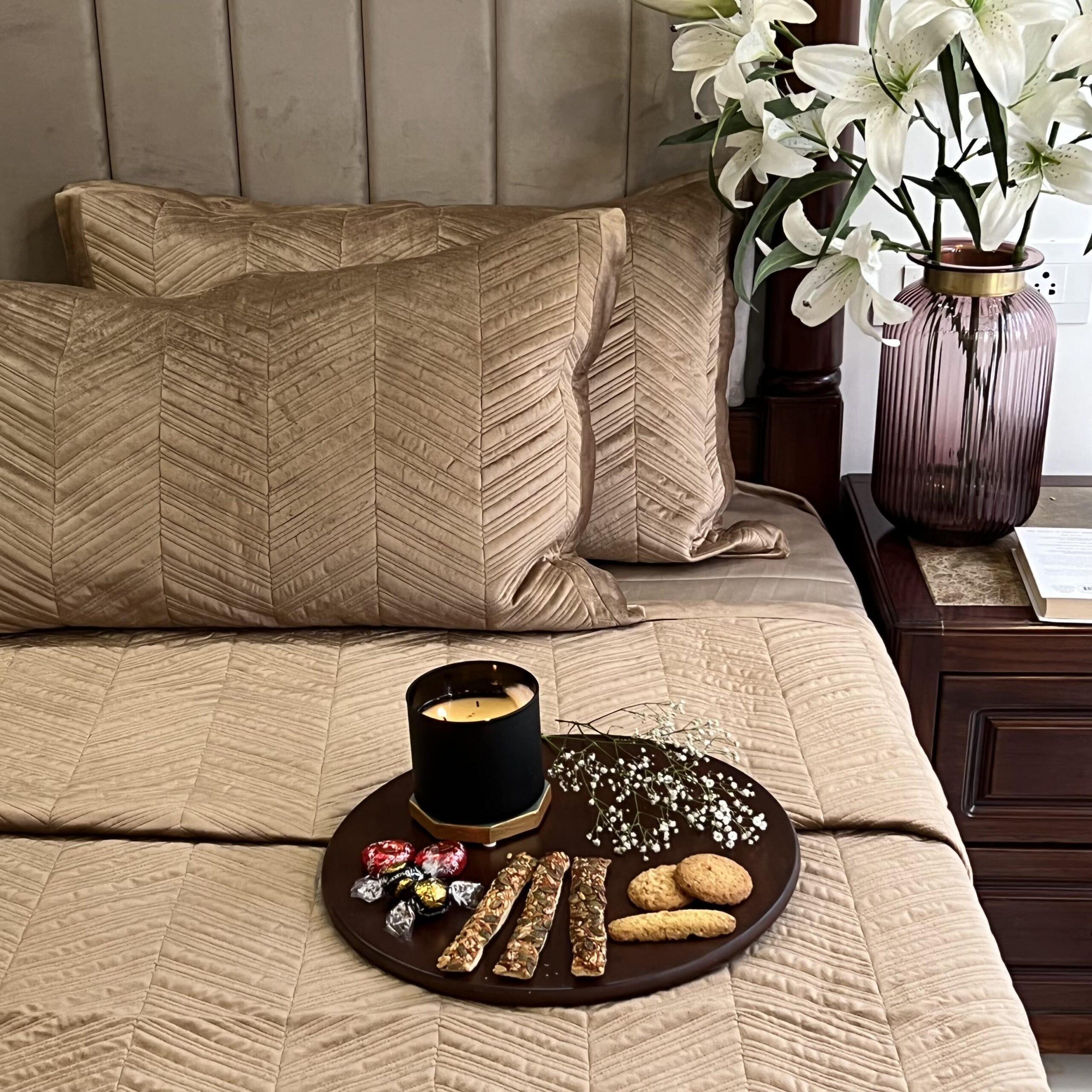 Sadyaska Herringbone Camel Velvet 1 Pcs Bedspread