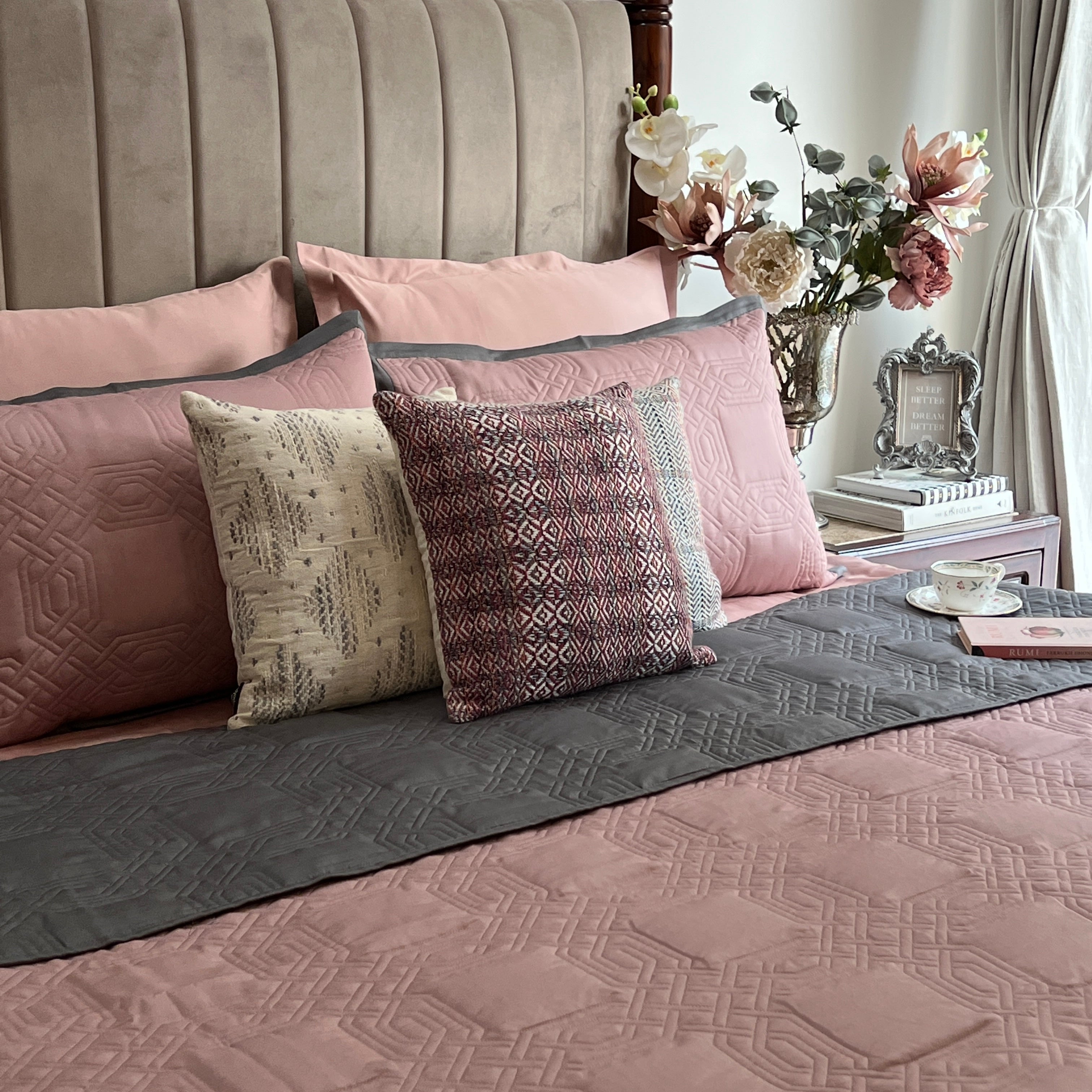 Sadyaska Ornate Old Rose And Dark Grey Cotton Rich Trousseau Set 10 Pcs Product