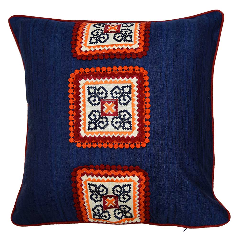 Sadyaska Blue Designer Silk Dupion 16x16 Embroidered Patch with Border Piping Cushion Case… 1 Pcs Cushion Cover