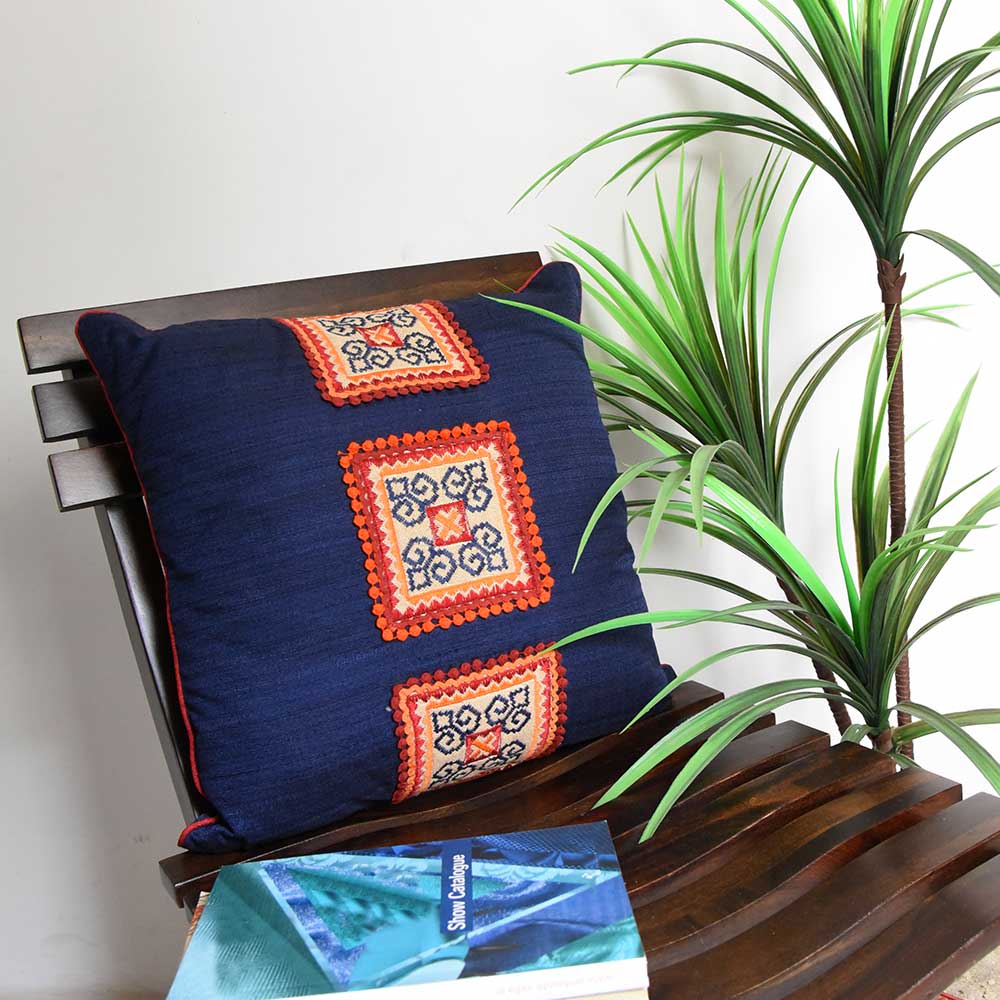 Sadyaska Blue Designer Silk Dupion 16x16 Embroidered Patch with Border Piping Cushion Case… 1 Pcs Cushion Cover