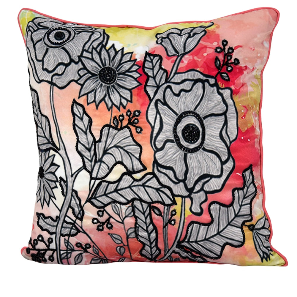 Sadyaska Digital Floral Printed Polyester Hand & Manual Embroidered Premium Quality Orange 16" X 16"… 1 Pcs Cushion Cover