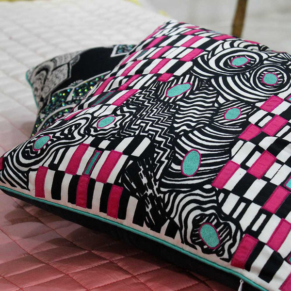 Sadyaska Multi Color Cushion Geometric Digital Print Polyester Black and White Pop of Color Pillow Cushion Case 16