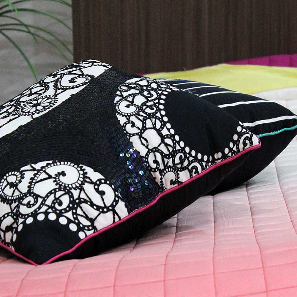 Sadyaska Hand Embroidered Abstract Design 16" X 16" Black and White Digital Printed Cushion Case… 1 Pcs Cushion Cover