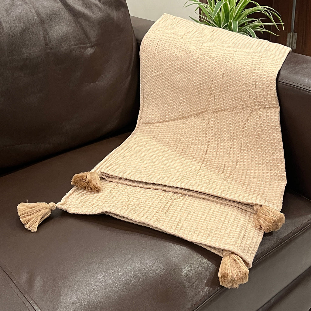 Sadyaska Honeycomb Oats Beige Woven with Tassels 1 Pcs Throw