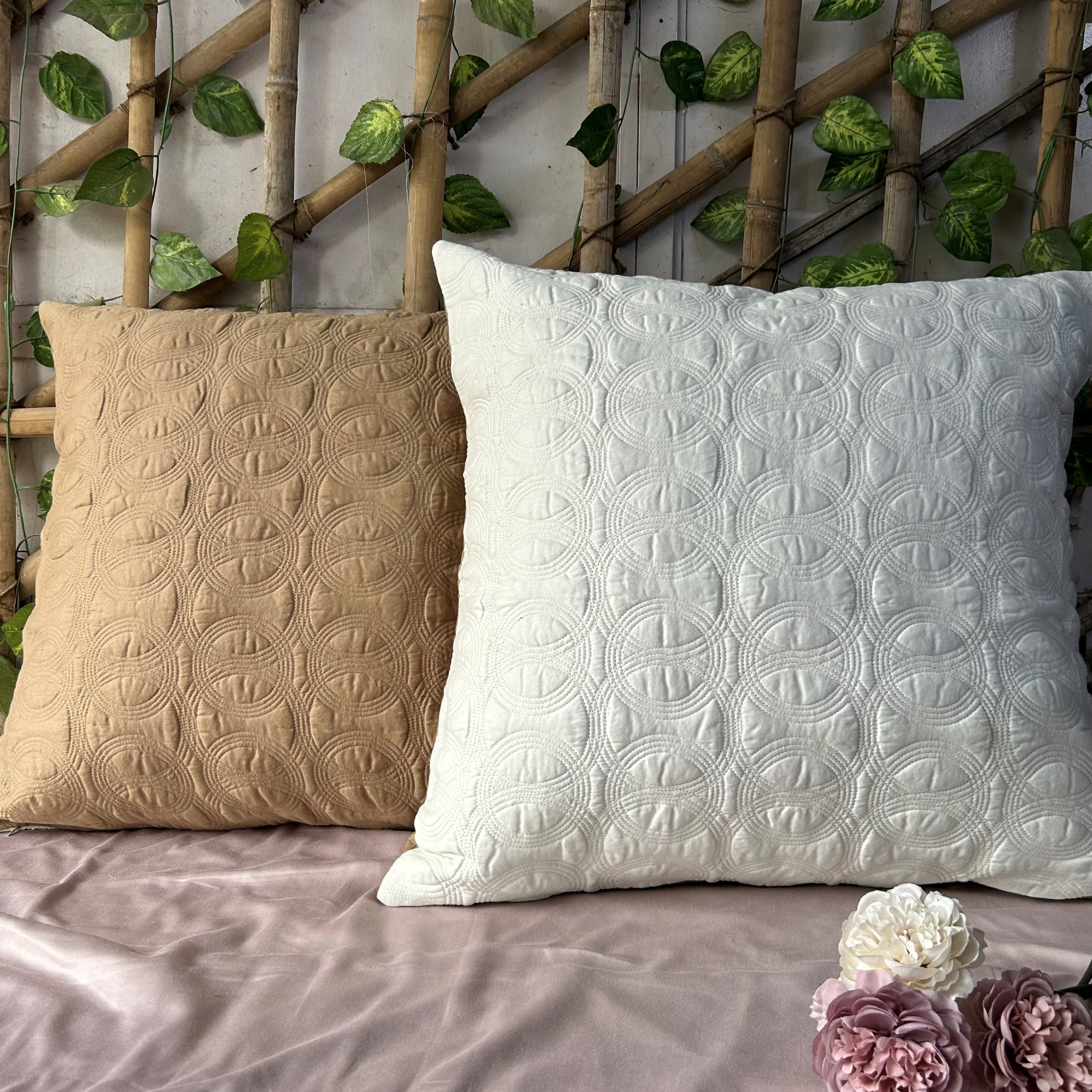 Sadyaska Spiral Hazel Beige and Ivory Quilted Reversible Cotton 1 Pcs Euro Sham