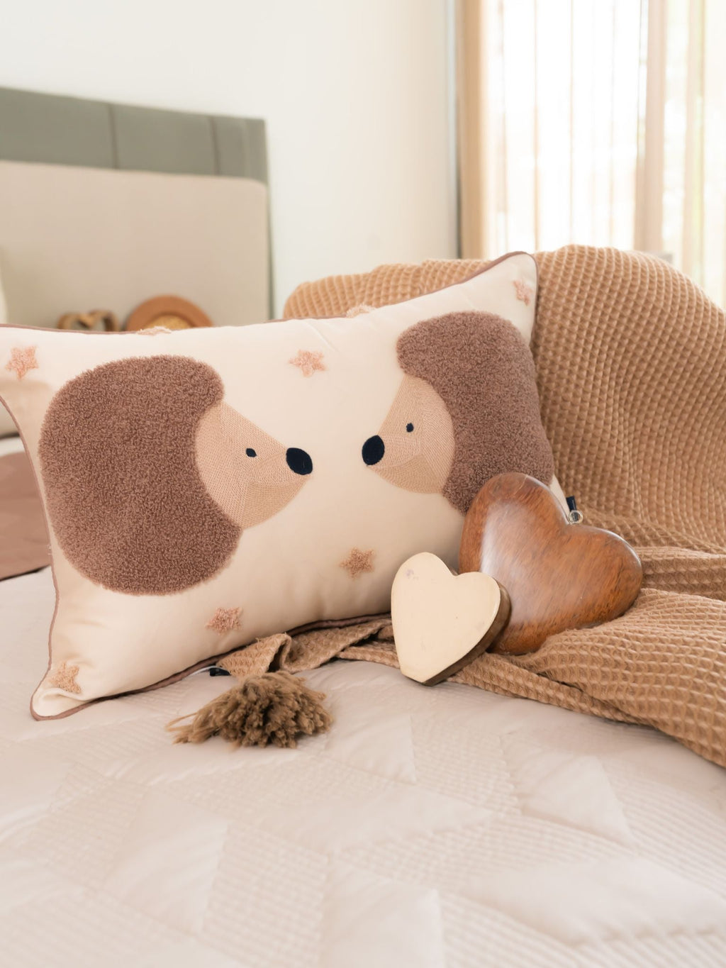 Sadyaska Wiggy & Waggy Cotton Embroidered Oats Beige Kids Design 12" X 18" 1 Pcs Cushion Cover