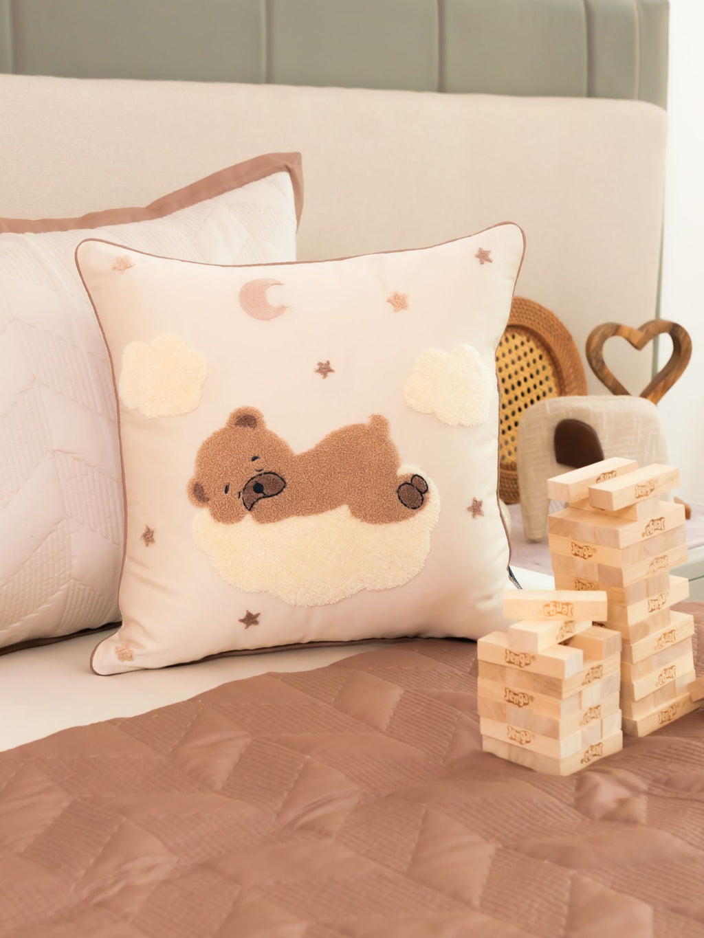 Sadyaska Sleepy Whim Cotton Embroidered Oats Beige Kids Design 16" X 16" 1 Pcs Cushion Cover