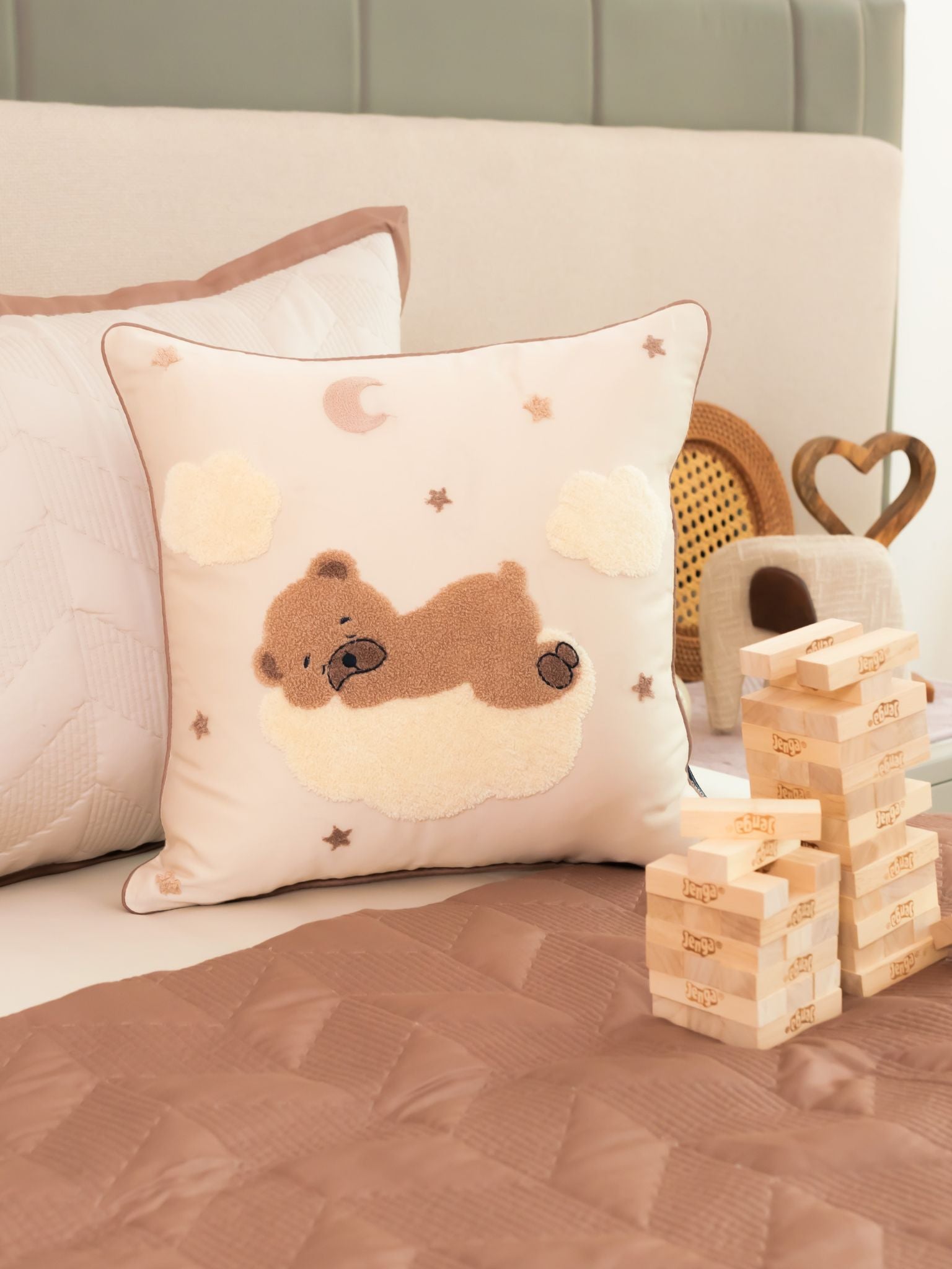 Sadyaska Sleepy Whim Cotton Embroidered Oats Beige Kids Design 16" X 16" 1 Pcs Cushion Cover