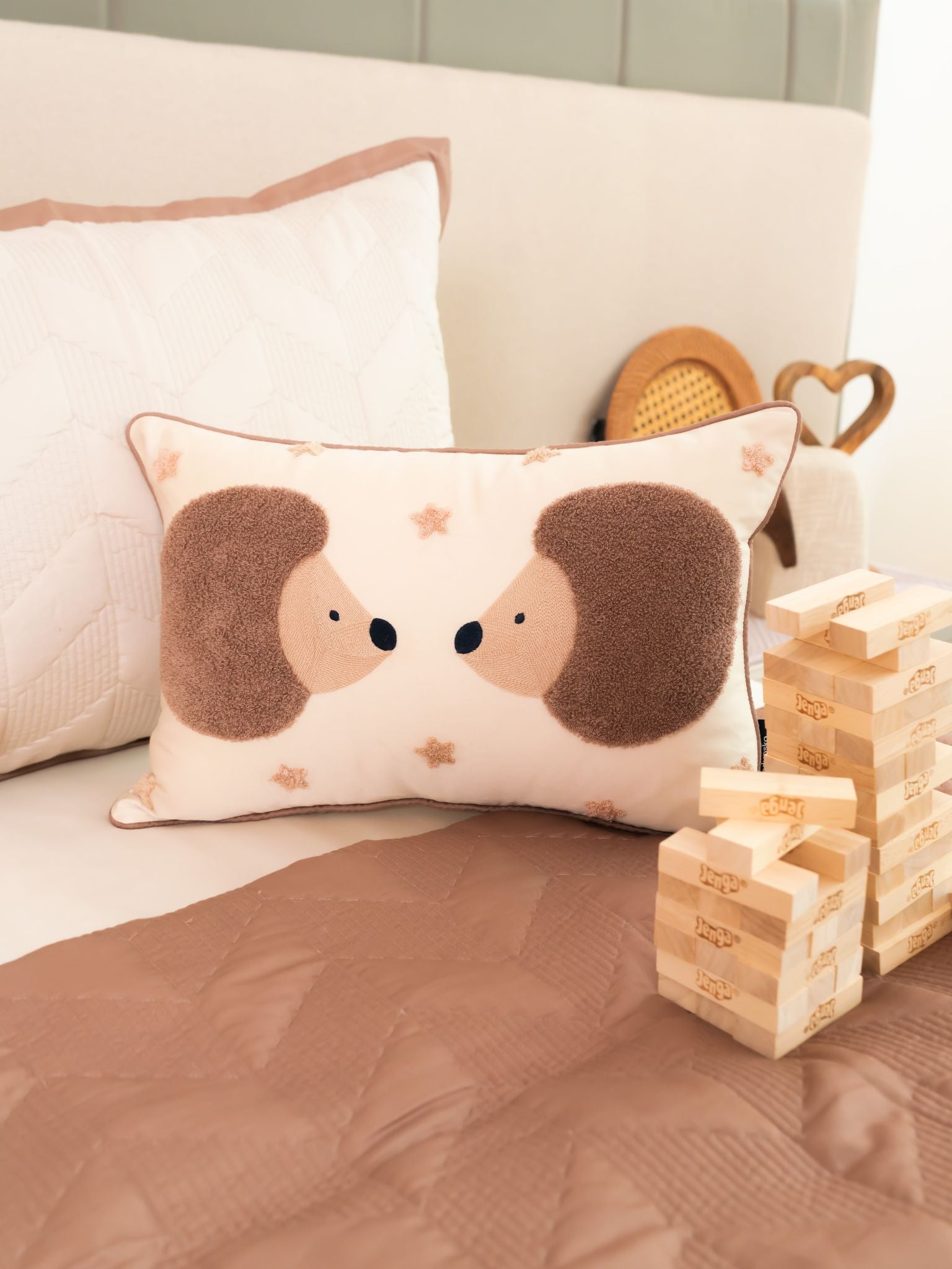 Sadyaska Wiggy & Waggy Cotton Embroidered Oats Beige Kids Design 12" X 18" 1 Pcs Cushion Cover