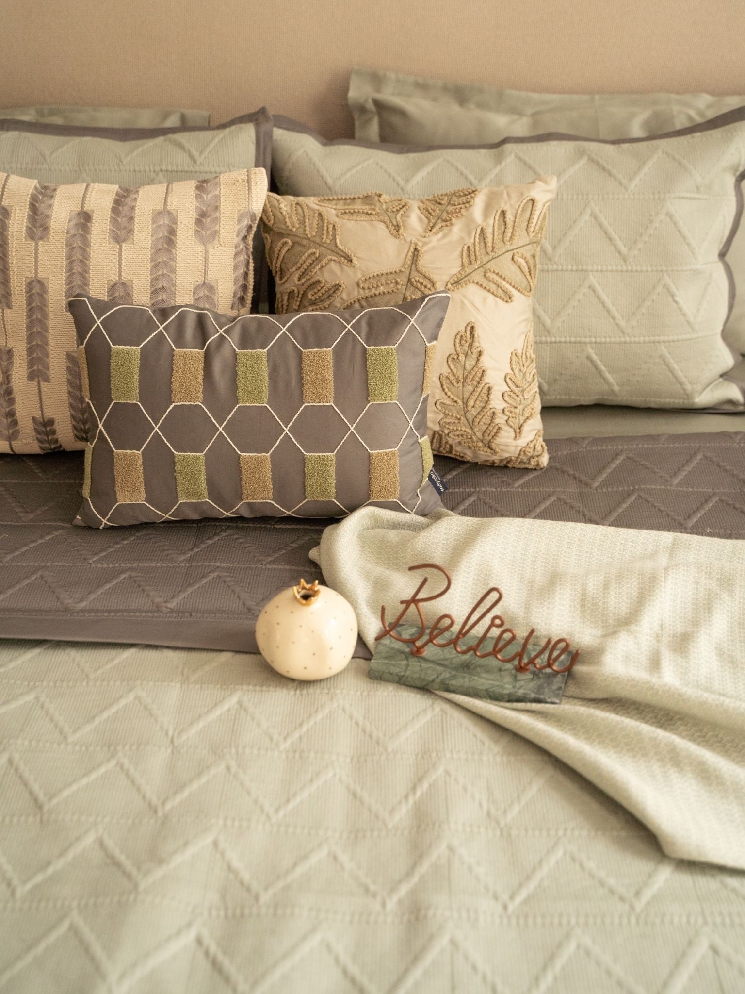 Sadyaska Trigon Sage Green and Dark Grey 300TC Cotton 10 Pcs Bedding Set