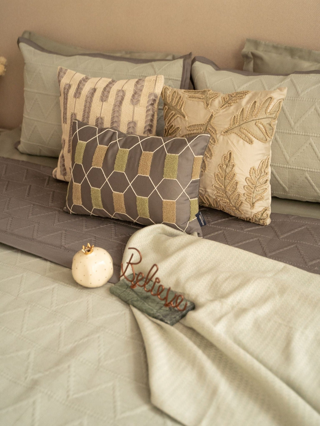 Sadyaska Trigon Sage Green and Dark Grey 300TC Cotton 10 Pcs Bedding Set