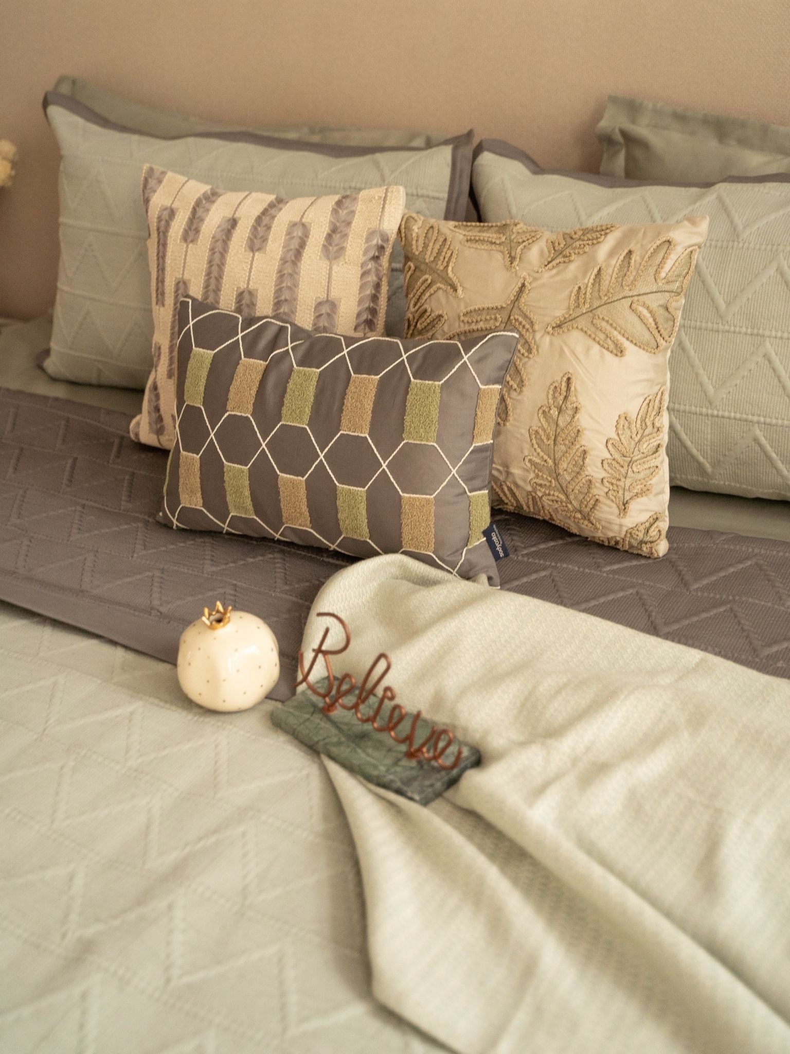 Sadyaska Trigon Sage Green and Dark Grey 300TC Cotton 10 Pcs Bedding Set