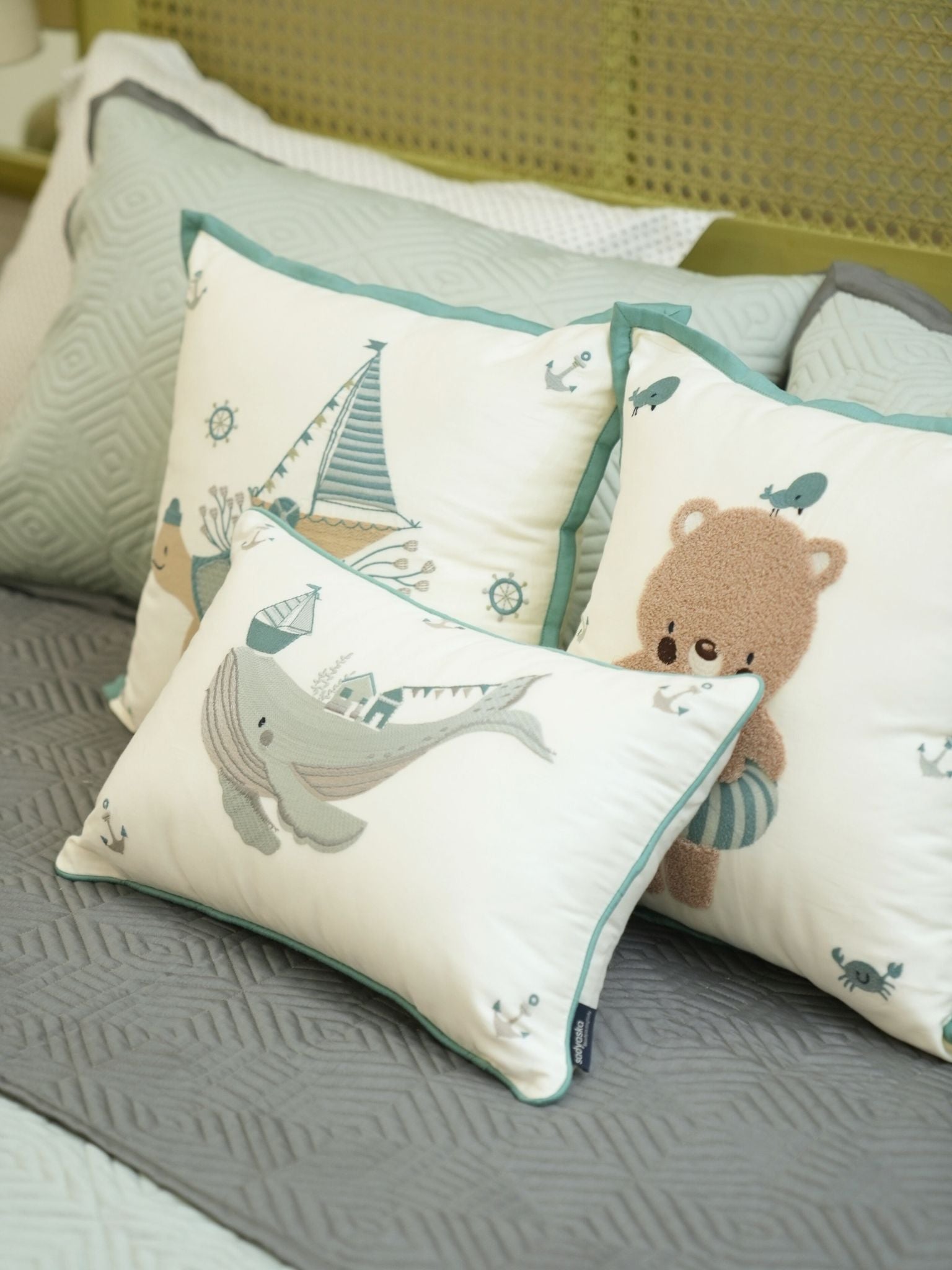 Sadyaska Under The Sea Sage Green Dark Grey Kids Cotton Rich 10 Pcs Bedding Set