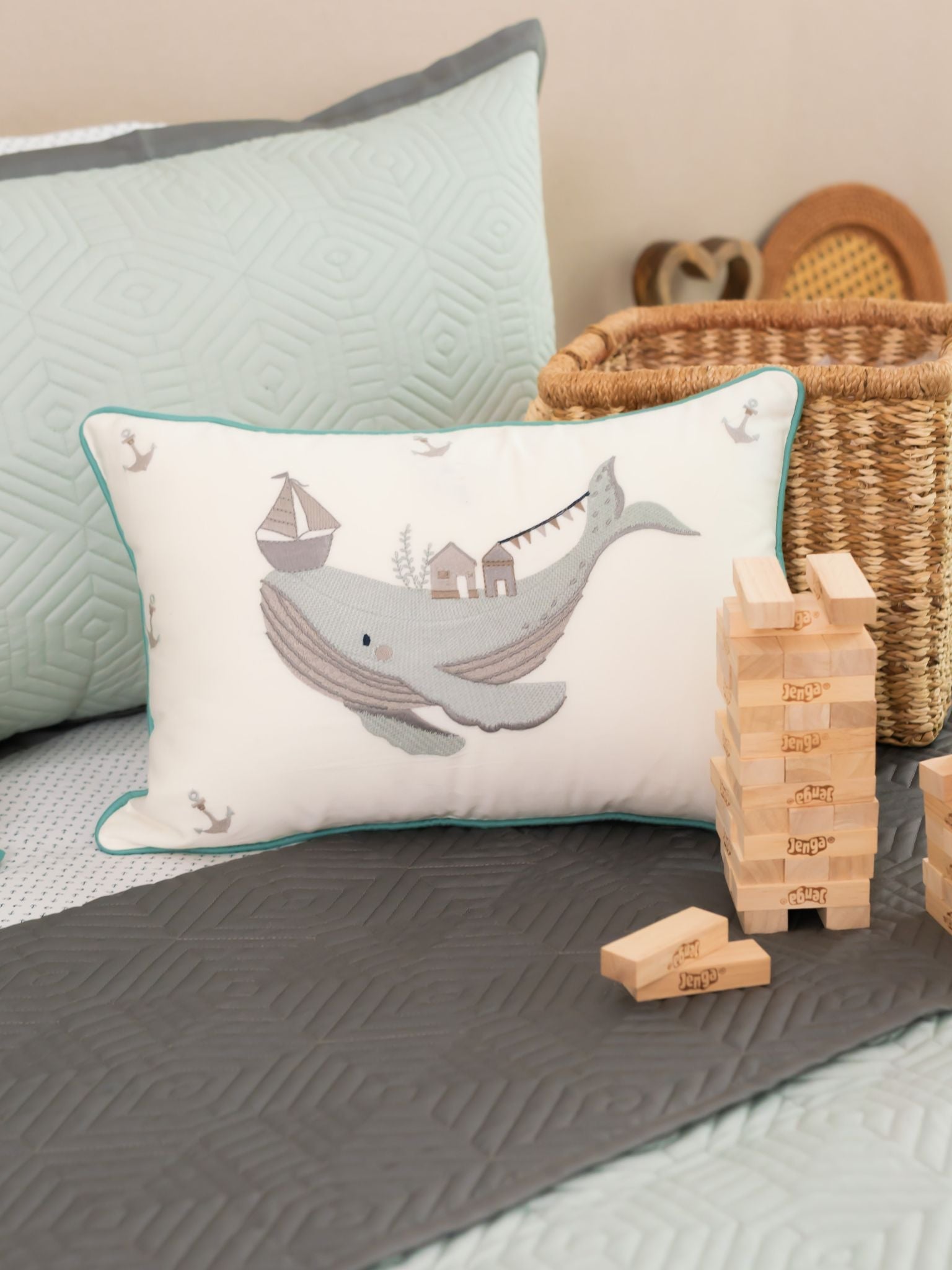 Sadyaska Under The Sea Sage Green Dark Grey Kids Cotton Rich 10 Pcs Bedding Set