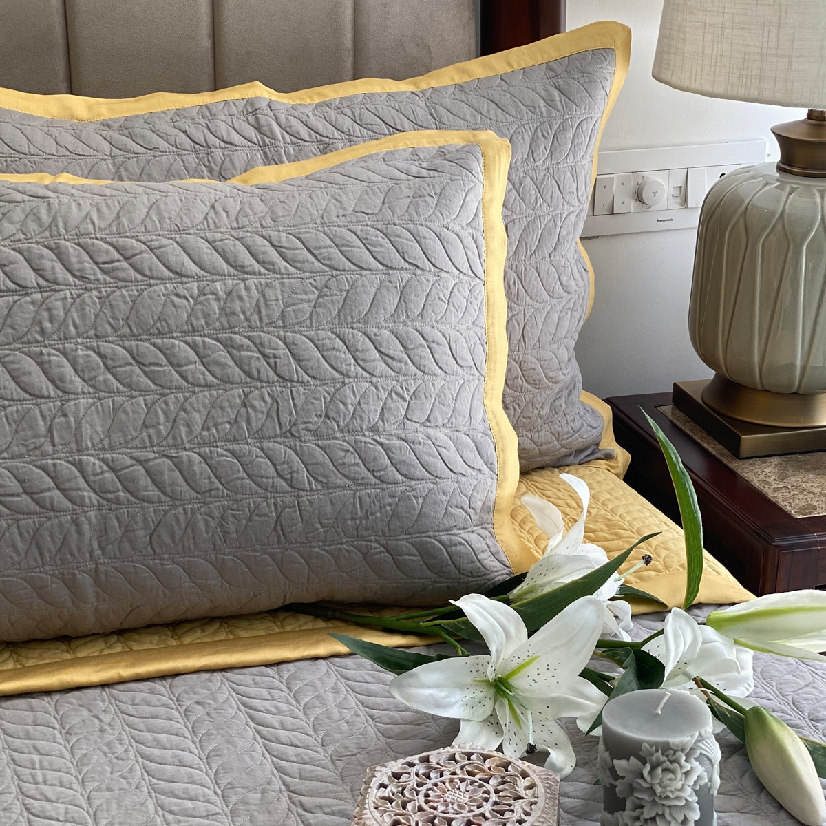 Sadyaska Butter Cup Yellow & Sandstone Grey Verdure Reversible 1 Pcs Bedspread