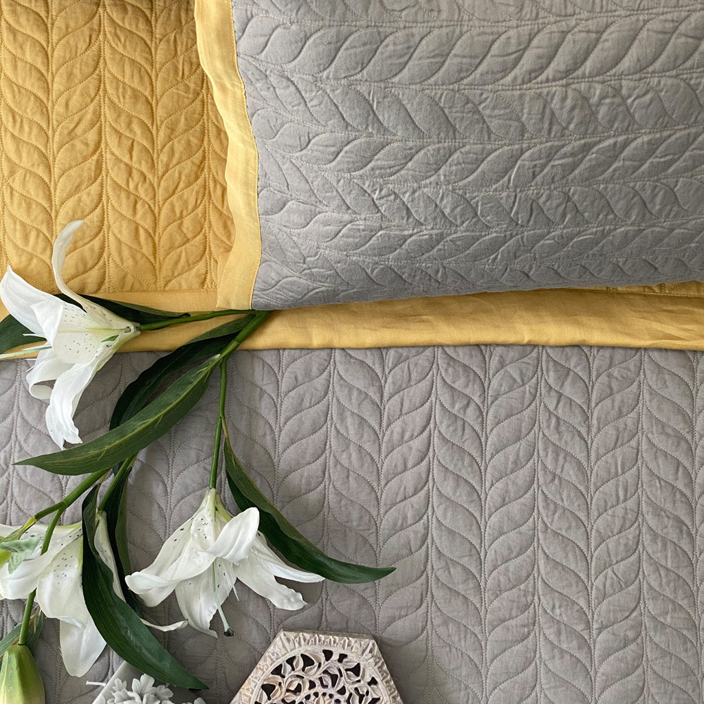 Sadyaska Butter Cup Yellow & Sandstone Grey Verdure Reversible 1 Pcs Bedspread