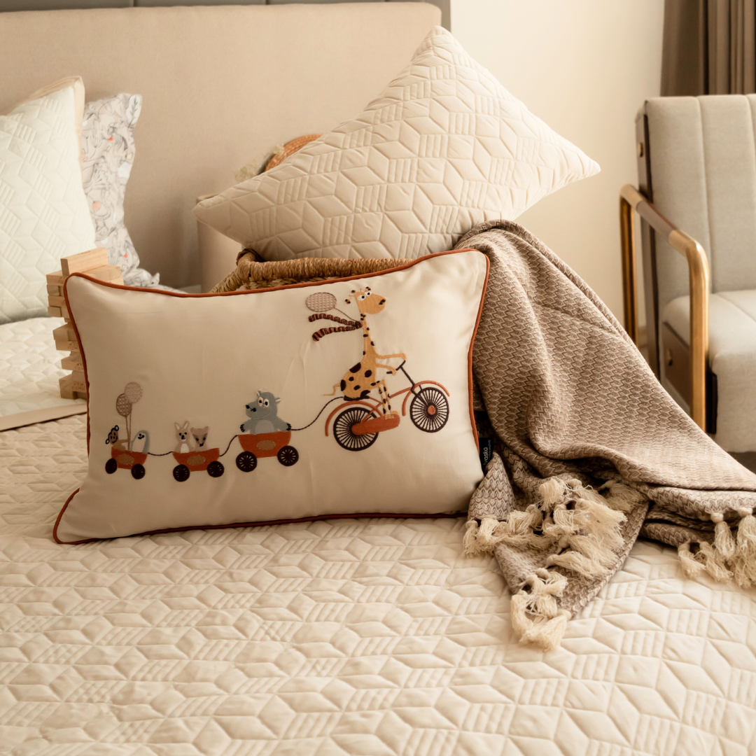 Sadyaska Bon Voyager Cotton Embroidered Beige Kids Design 12" X 18" 1 Pcs Cushion Cover