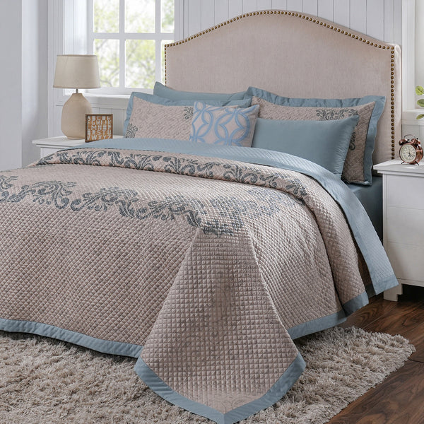 8pcs Quilt/Qulited Bed Cover Set Blue Classical Ornate Seamless Scroll