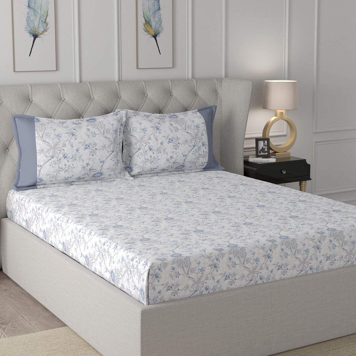 Florescence Juniper Printed 100% Cotton Blue Bed Sheet with Pillow Case