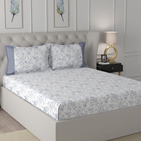 Florescence Juniper Printed 100% Cotton Blue Bed Sheet with Pillow Case