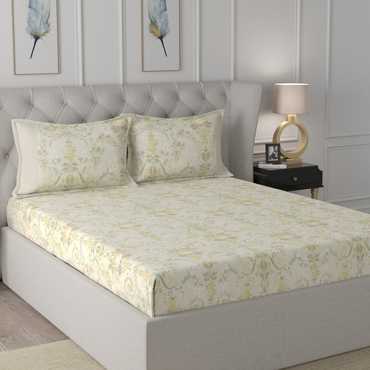 Florescence Erica Printed 100% Cotton Gold Bed Sheet