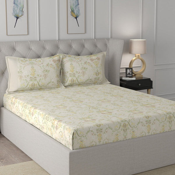 Florescence Erica Printed 100% Cotton Gold Bed Sheet