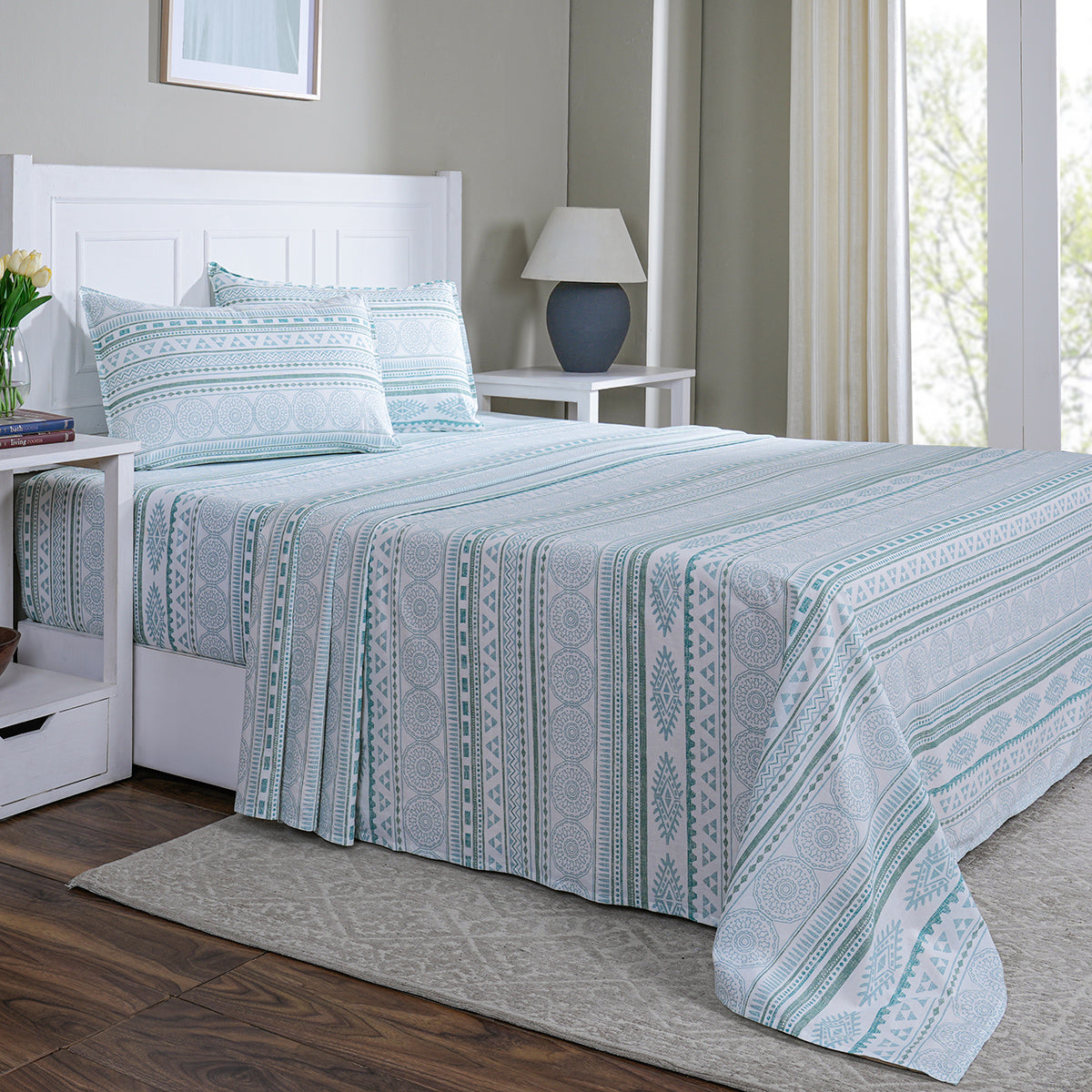 Hermosa Sensory Bloom Allegra 100% Cotton Printed Bed Sheet with Pillow Case Teal