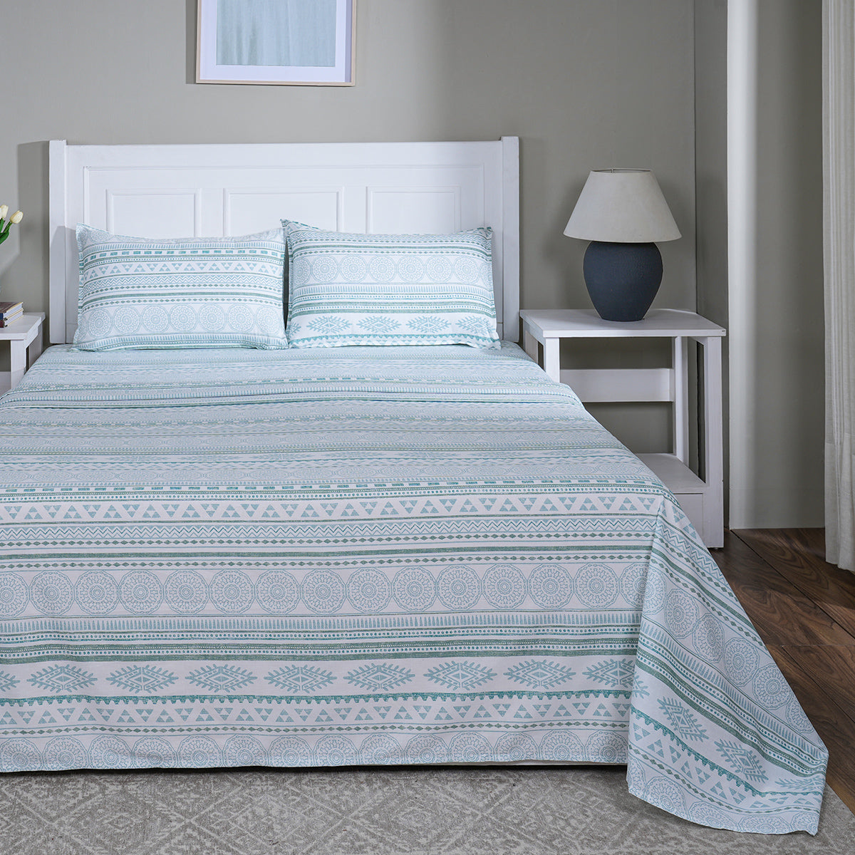 Hermosa Sensory Bloom Allegra 100% Cotton Printed Bed Sheet with Pillow Case Teal