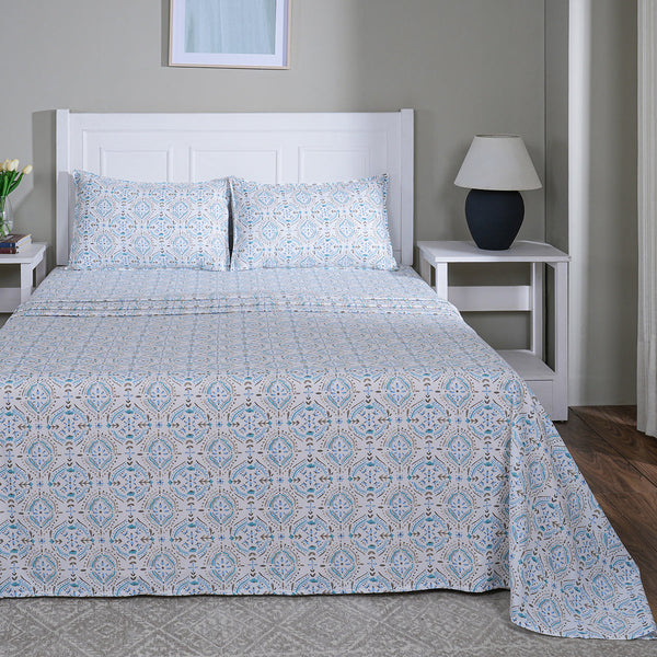 Hermosa Sensory Bloom Avery 100% Cotton Printed Bed Sheet with Pillow Case Blue