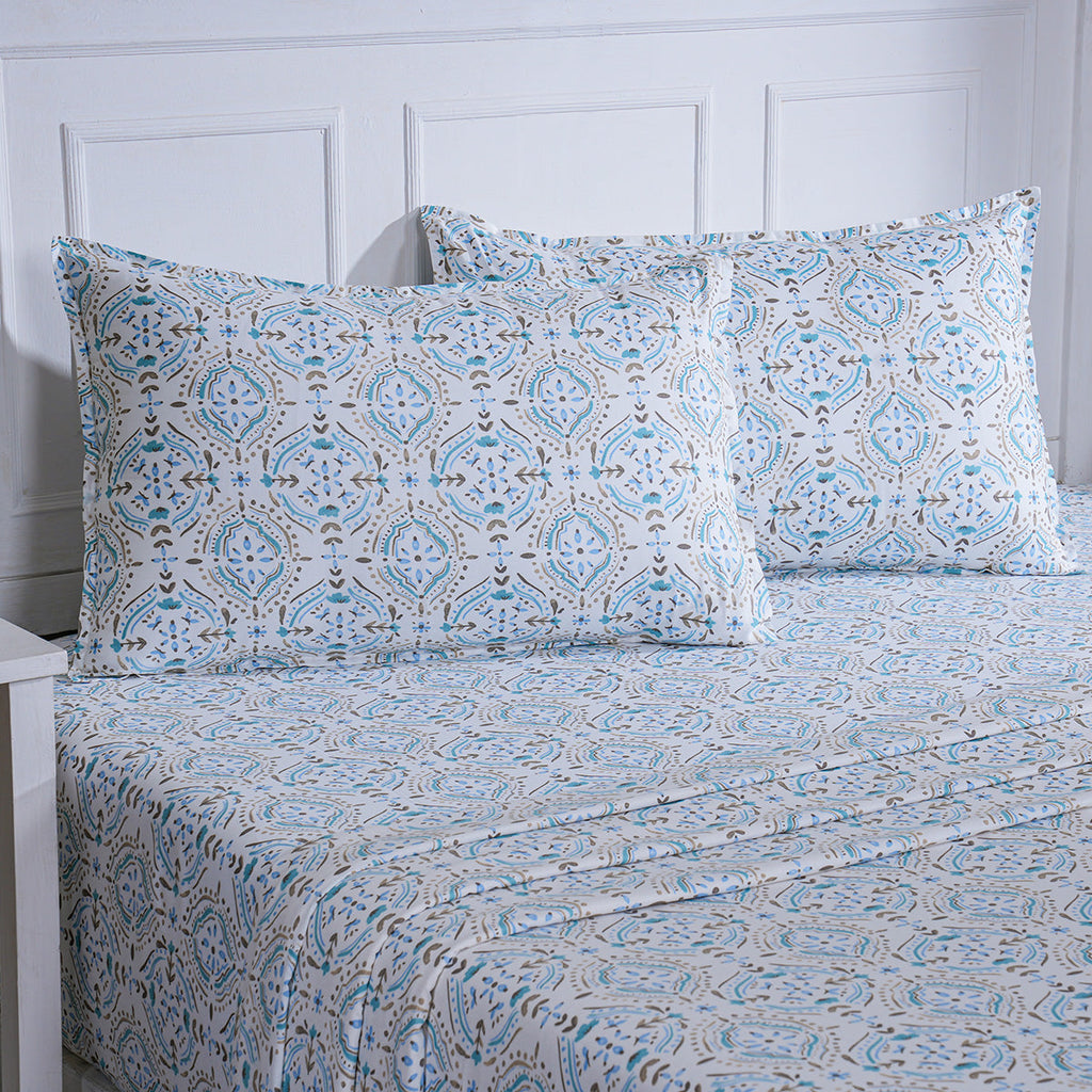 Hermosa Sensory Bloom Avery 100% Cotton Printed Bed Sheet with Pillow Case Blue