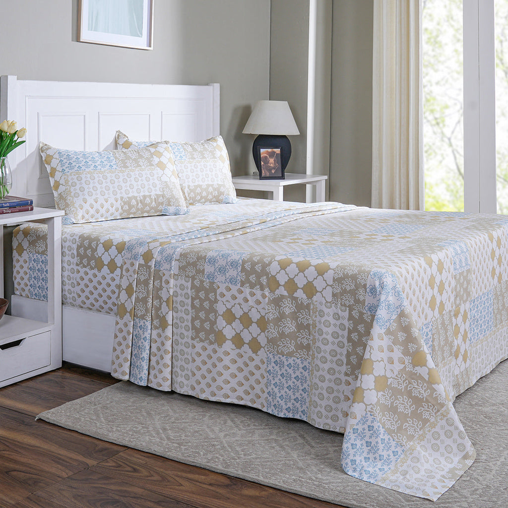Hermosa Sensory Bloom Lennon 100% Cotton Printed Bed Sheet with Pillow Case Mustard