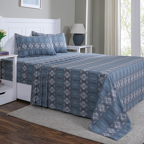 Hermosa Sensory Bloom Gareth 100% Cotton Printed Bed Sheet with Pillow Case Blue