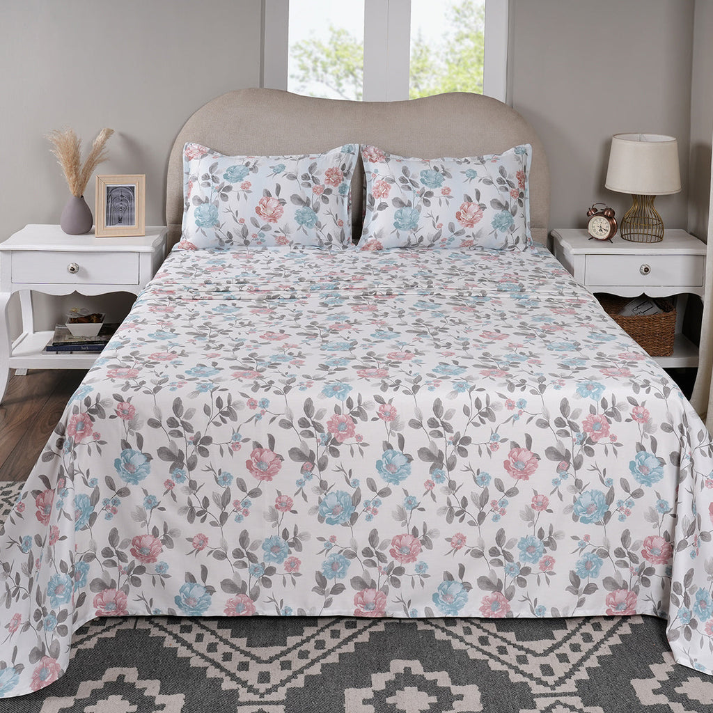 Sensory Bloom Blossom Meadow 100% Cotton Blue Bed Sheet with Pillow Case